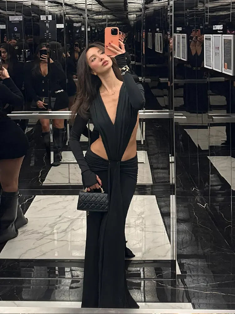 qgtao Summer 2024 Elegant V-neck Hollow Out Maxi Dress Lady Long Sleeve Bodycon Robe Women Sexy Party Club High Streetwear Dresses