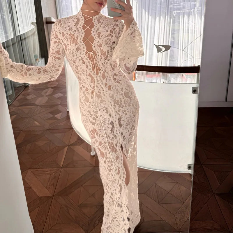 qgtao Sexy White Lace Printed Maxi Dress For Women See-Through Hollow Out Full Sleeve V Neck Slit Slim Long Dress Party Club Outfit