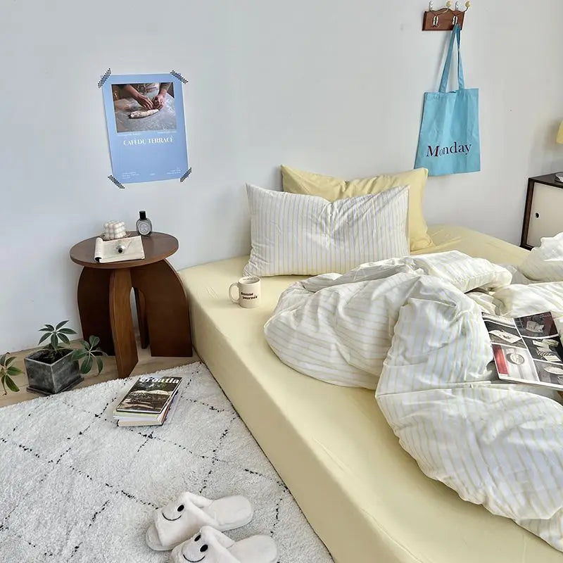 Yeknu Ins Style Bedding Set Duvet Cover Wash Cotton Stripe Summer Soft Cool Summer Bed Sheet Set Comforter Set Quilt Cover