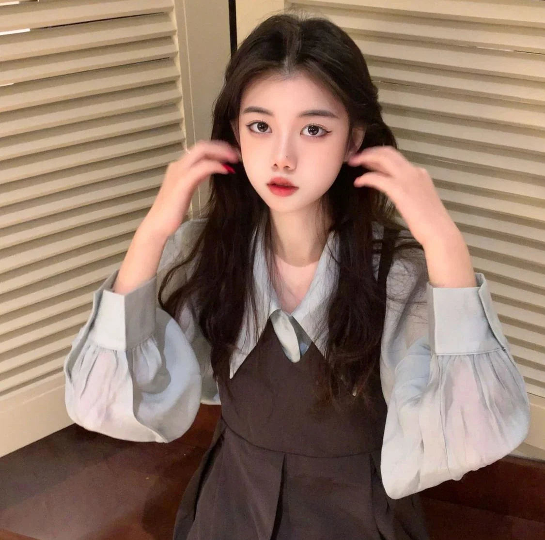 qgtao Korean Fashion Elegant Two Piece Set Women Puff Sleeve Blouse Strap Pleated Dress Set Vintage Casual Sweet Cute Dress Set Female