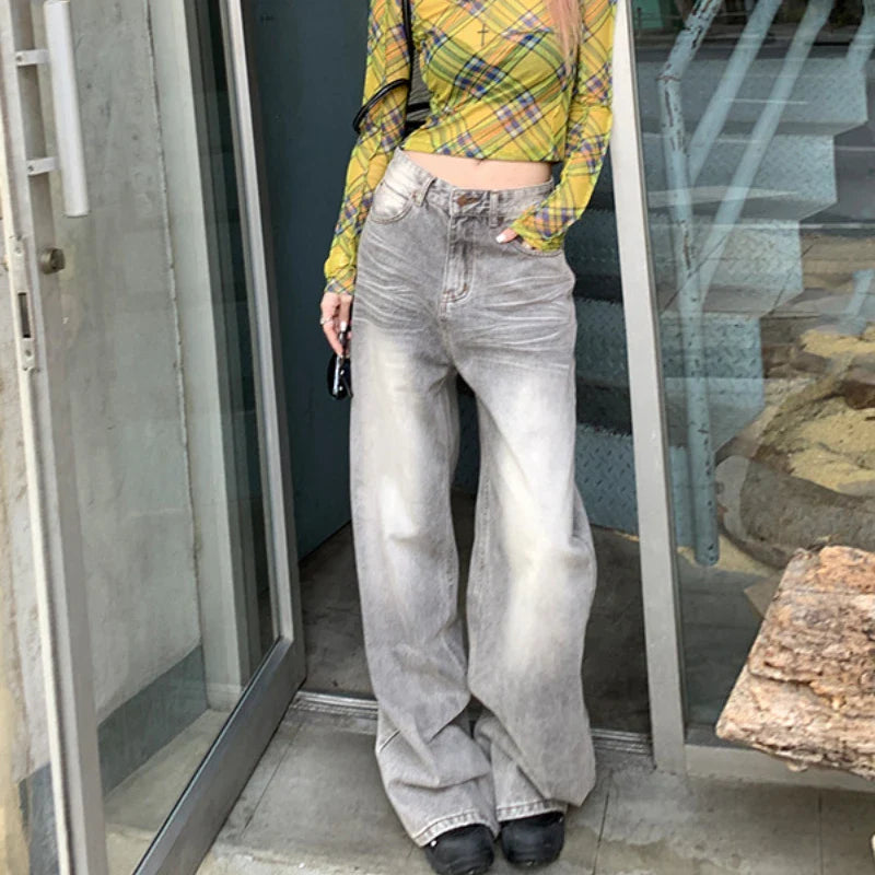qgtao Y2k Vintage Jeans Women High Waist Baggy Straight Casual Wide Leg Pants Streetwear Fashion Distressed Loose Denim Trousers