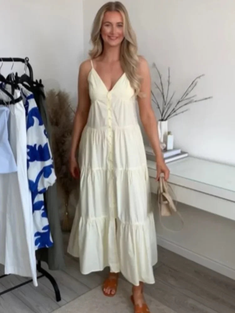 qgtao  -  Summer Women Sexy Sleeveless Backless Pleated Hem Maxi Dress Female Elegant Solid Single-breasted Strap Dresses Lady Partywear