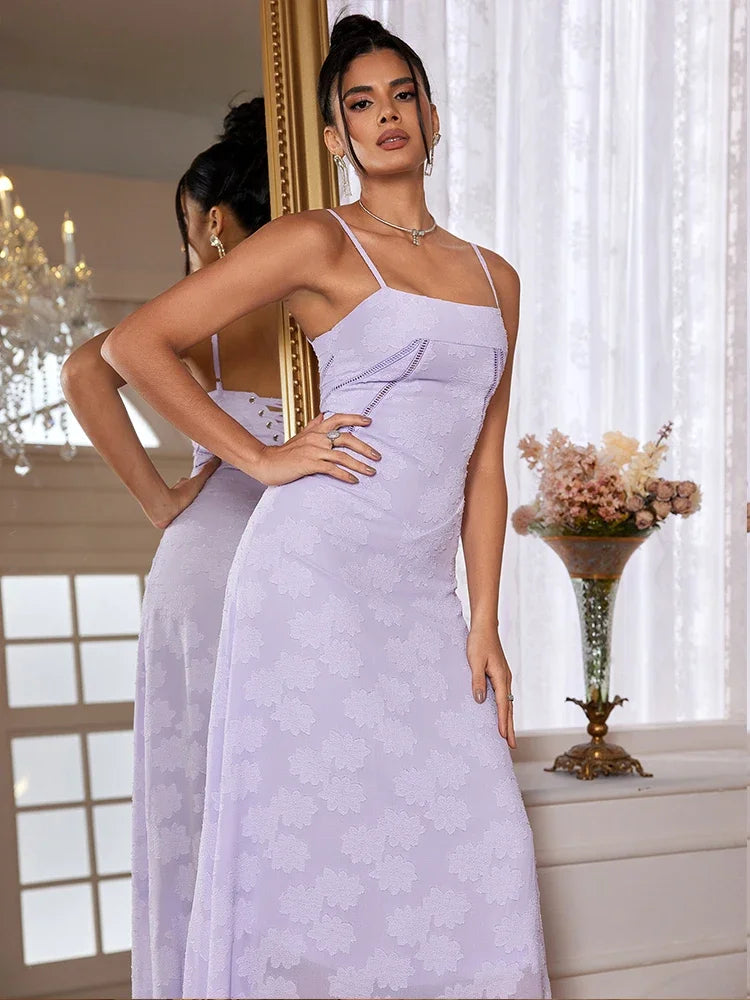 qgtao New Summer Elegant Maxi Dress 2024 New Arrival Purple Spaghetti Strap Wedding Guest Dress Lace Up Party Dresses