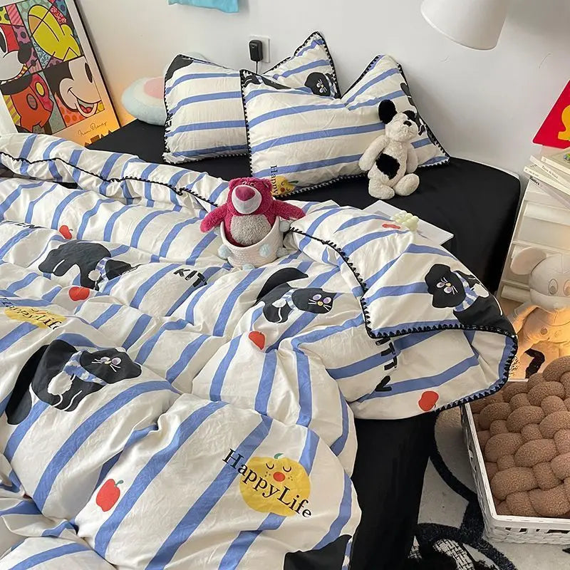 Yeknu Bedding Set Double Layered Yarn INS Girls Mushroom Soft Washed Cotton Bed Sheet Queen King Size Duvet Set Pillowcase Bed Sheet