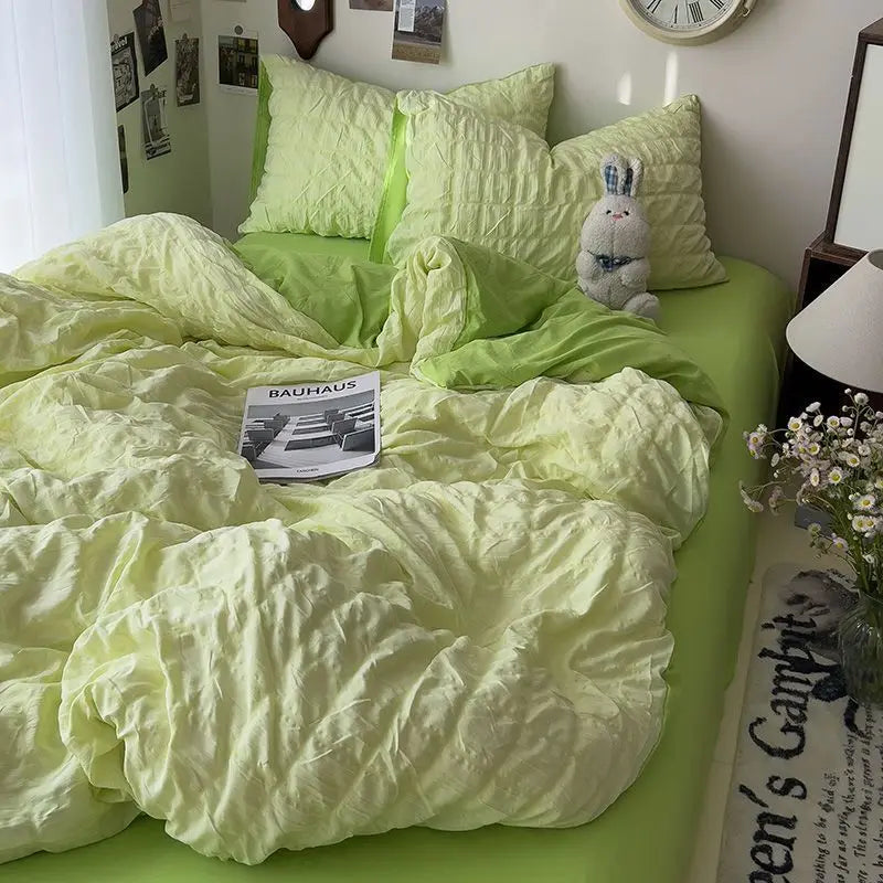 Yeknu Seersucker Princess Girls Bedding Set Duvet Cover Korean Four PIECE Washed Cotton Bed Sheet Cover Quilt Set
