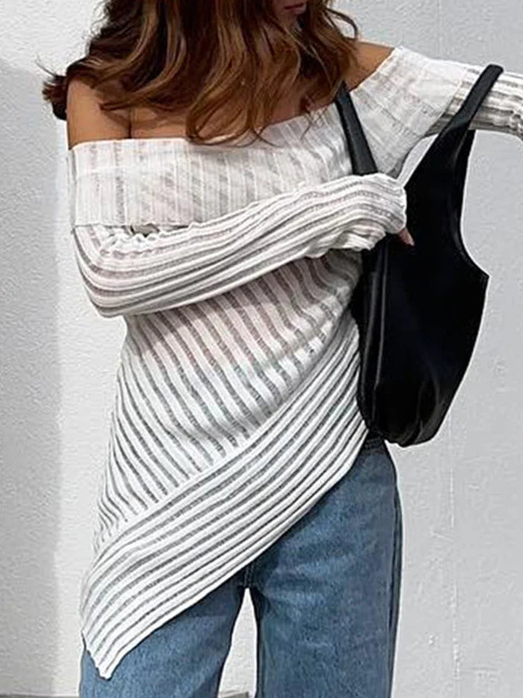 qgtao Off Shoulder T-Shirt Women Summer Long Sleeve Tops Female Elegant Hollow Out Knitted Tee Ladies White Sexy Slash Neck