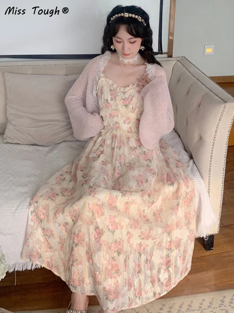 qgtao Elegant Floral Fairy Dress Women Strap Sexy Party Midi Dresses Casual Design Chic Printing High Waist Fashion Female Dress