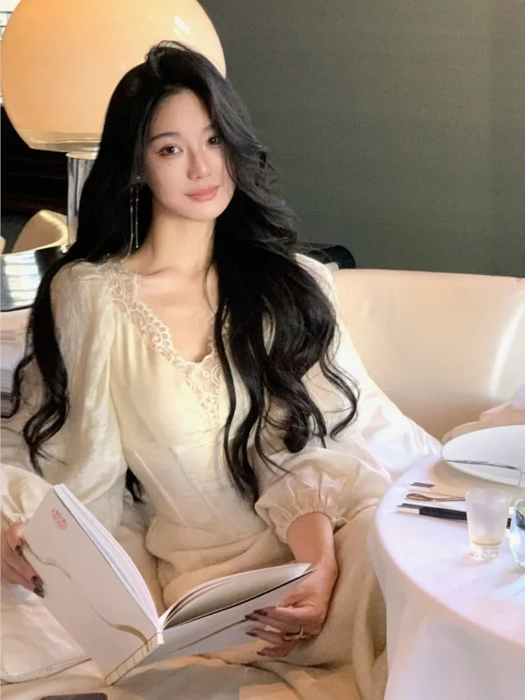 qgtao Autumn Bodycon Midi Dresses for Women Lantern Sleeve Lace V-neck Slim Waist Mermaid Wedding Evening Party Dress Female Vestidos