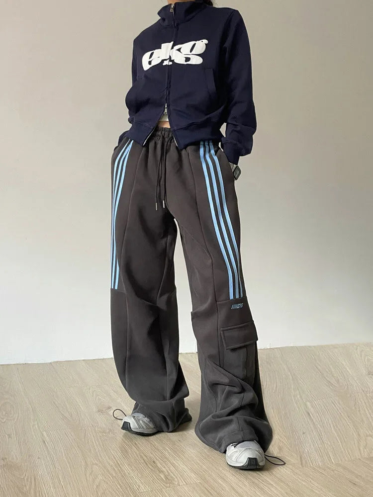 qgtao Y2k Stripe Sweatpants Women Hip Hop High Waist Vintage Loose Wide Leg Pants Street wear Elastic Casual Black Oversize Pants