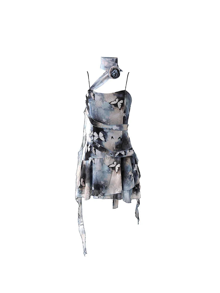 qgtao Women's A-line Print Dress Vintage Sleeveless Off Shoulder Mini Dresses Y2k Elegant One Piece Frocks 2000s Clothes Summer 2024