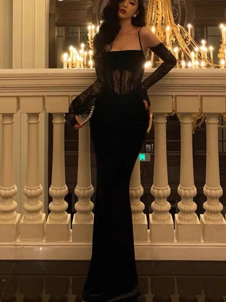 qgtao Sexy Bodycon Maxi Dress Women  Evening Party Prom Robe Wedding Vestidos Mujer Velvet Lace Patchwork Spaghetti Strap Slim Mermaid