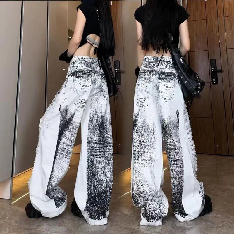 qgtao - Women Grey Ripped Jeans High Waist America Feeling Street Wide Leg Pants Y2K Vintage Ins Straight Baggy Plus Size Denim Trousers