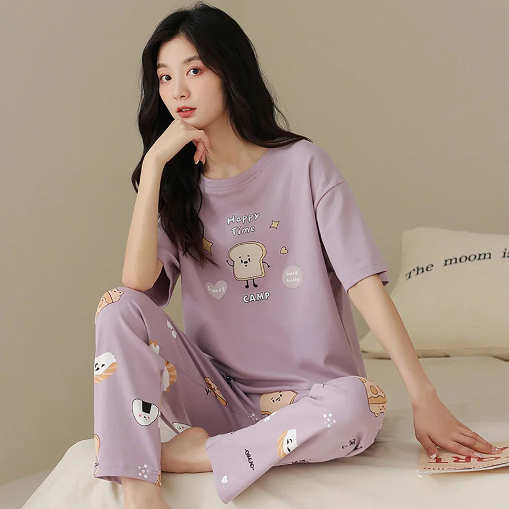 qgtao M-2XL 100% Cotton Women's Pajamas Casual Summer Short Sleeve Thin Pijama Sets Breathable Soft Pajama Sleepwear With Two Pockets