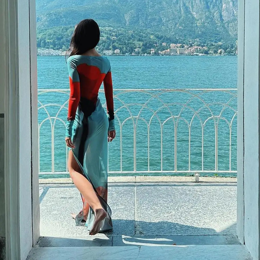 qgtao聽Sexy Women鈥檚 Slim Fit Long Dress Cover-Ups Sheer Mesh Long Sleeve Floral Print Beach Dress Side Split Bikini Cover-Ups 2024