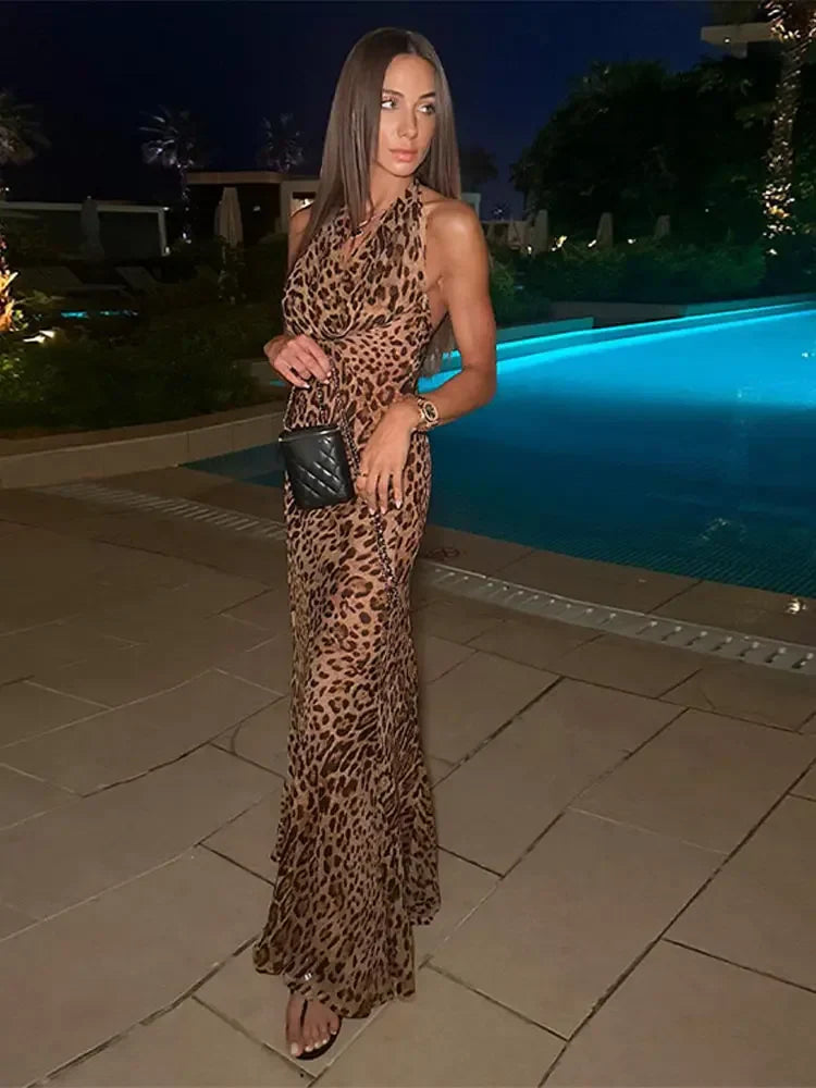 qgtao Sexy Leopard Print Halter V Neck Maxi Dress Women Elegant Off Shoulder Sleeveless Slim Dresses Lady Evening Banquet Party Robes