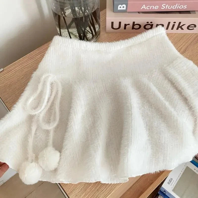 qgtao Coquette White Mini Skirt Women Kawaii Ruffle Patchwork Lace-up Knitted High Waist A-line Fleece Short Skirt Cute Spring