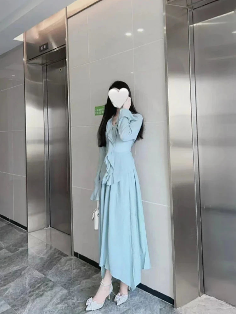 qgtao Autumn French Party Chiffon Skirt 2 Piece Set Women Casual Elegant Blouse + Office Lady Fairy Midi Skirt Korean Fashion