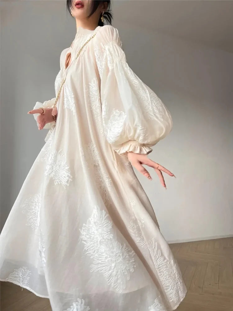 qgtao France Vintage Embroidery Midi Dresses for Women 2023 Elegant Evening Party V-Neck Lantern Sleeve Loose Casual Female Clothing