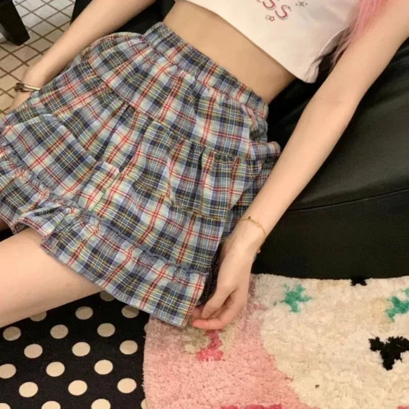 qgtao Plaid Skirt Women Mini Skirt Japanese Style Ruffle Layered Short Skirts Cute Streetwear Vintage Harajuku Preppy Skirt