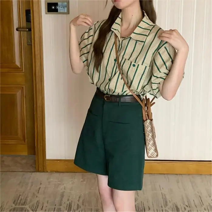 qgtao 2024 Summer Short Sleeve Slim Green Striped Shirt Sets Women Korean Style t Shorts Suits New In Clothing Tops