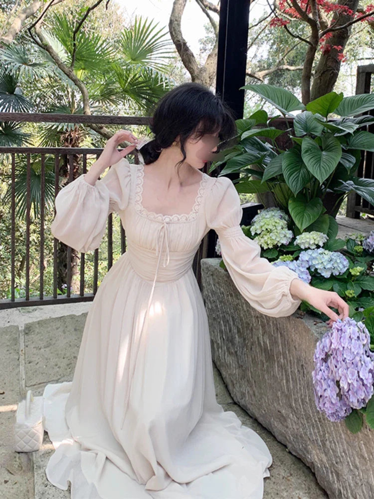 qgtao 2024 Summer Elegant Fairy Midi Dress Women Causal Long Sleeve Vintage Party Dress Female Ruffles One Piece Dress Korean Chic Y2k