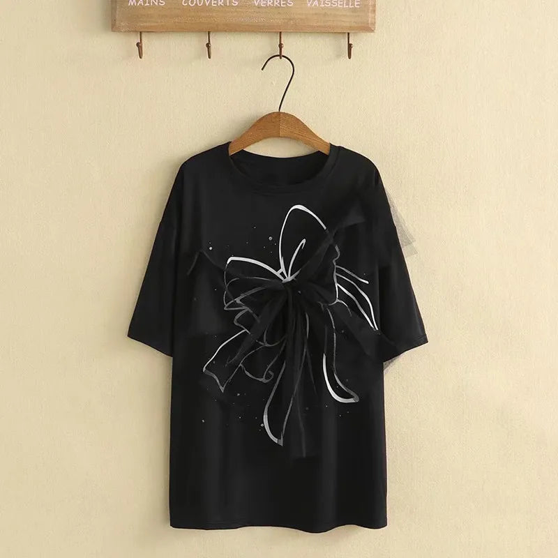 qgtao Plus Size Clothes For Women In Summer Short Sleeve Cotton T-Shirt Large Bow Decoration In Mesh Fabric Large Size Cotton Tops
