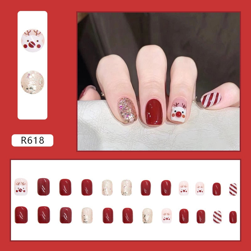 24pcs/Box Detachable Coffin False Nails Wearable French Ballerina Christmas Fake Nails Full Cover Nail Tips Press On Nails