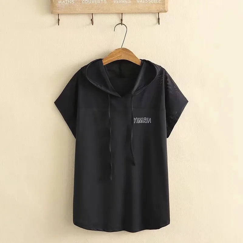 qgtao 2024 Plus Size Clothes For Women In Summer Wear Short Sleeve Hooded Mesh Stitching Breathable Fabric Large Size High Quality Tops