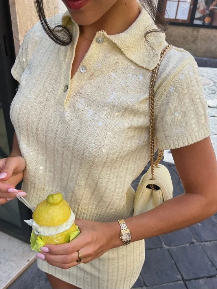 qgtao - Elegant Sequins Sparkling Knitted Short Sleeved Pullover Female Solid Simple Lapel Button Pullovers 2024 New Lady Knitwear Tops