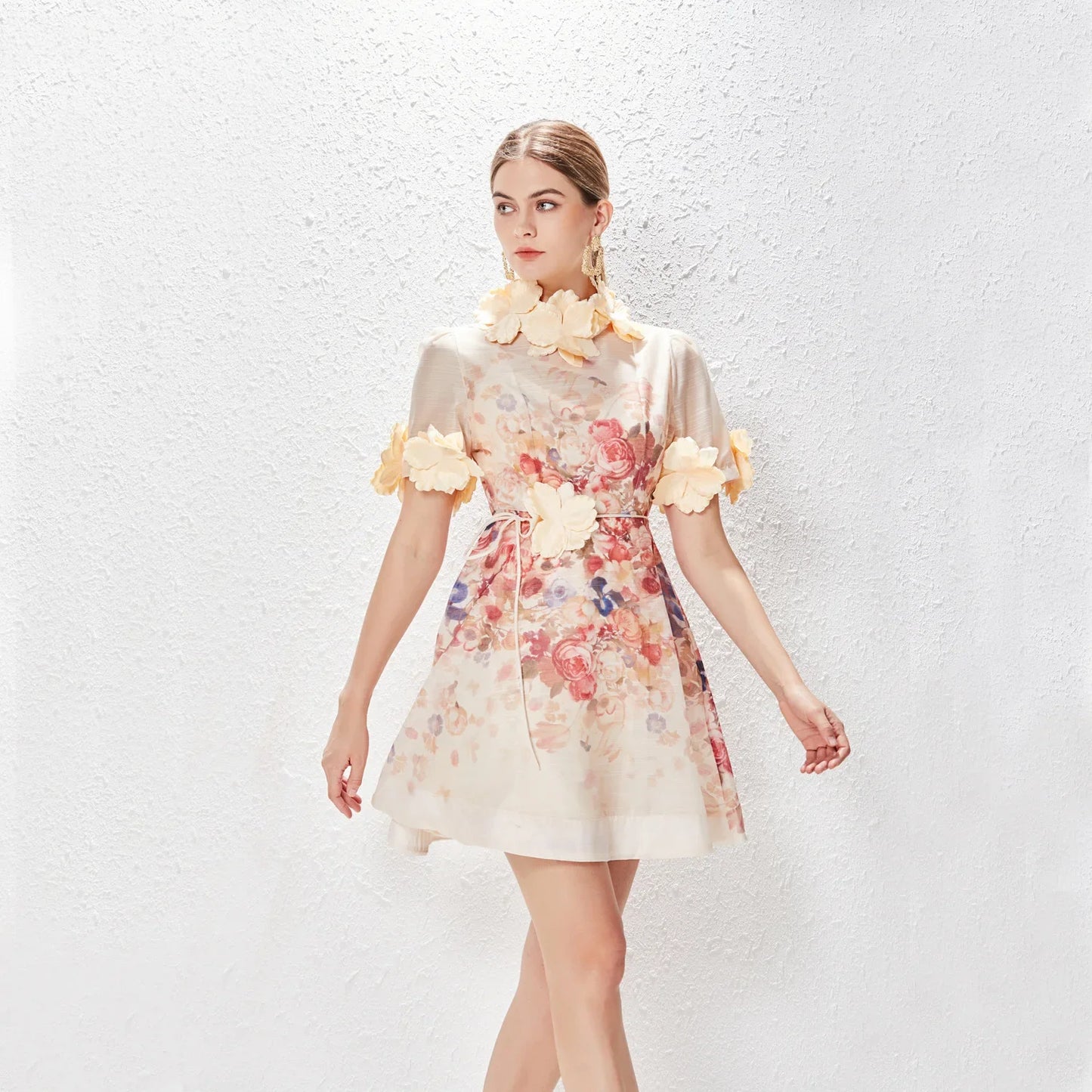 qgtao 2024 NEW Women Floral Mini Dress Spring Summer Printed Standing Collar Short Sleeve Vestido Ladies Holiday Party Vintage Dresses