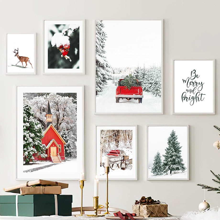 Christmas Red House Squirrel Deer Pine Tree Wall Art Canvas Painting Living Room Decoration Posters Prints Home Wall Pictures