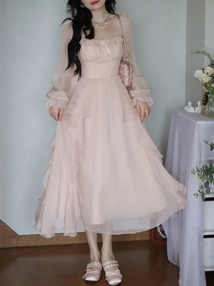 qgtao 2024 Summer Pink Chiffon Vintage Fairy Dress Women Korean Style Elegant Party Midi Dress Female Court Retro Flare Sleeve Dresses