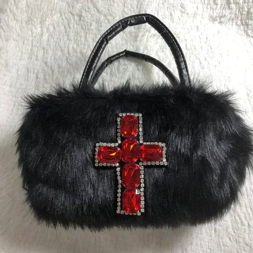 qgtao Y2k Gothic Handbag Soft Plush Black Cross Applique Shoulder Bag Fashion Harajuku Style Punk Hip Hop Biker Crossbody Bag