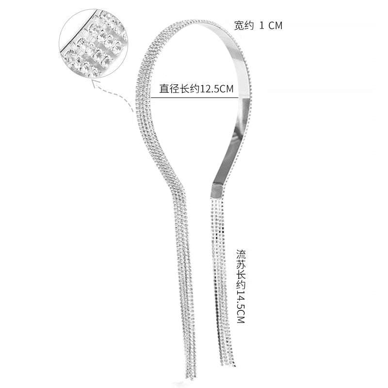 Shining Luxury Alloy Rhinestone Hairbands For Women Long Chain Tassel Bands Crystal Headband Wedding Hair Band Accessories