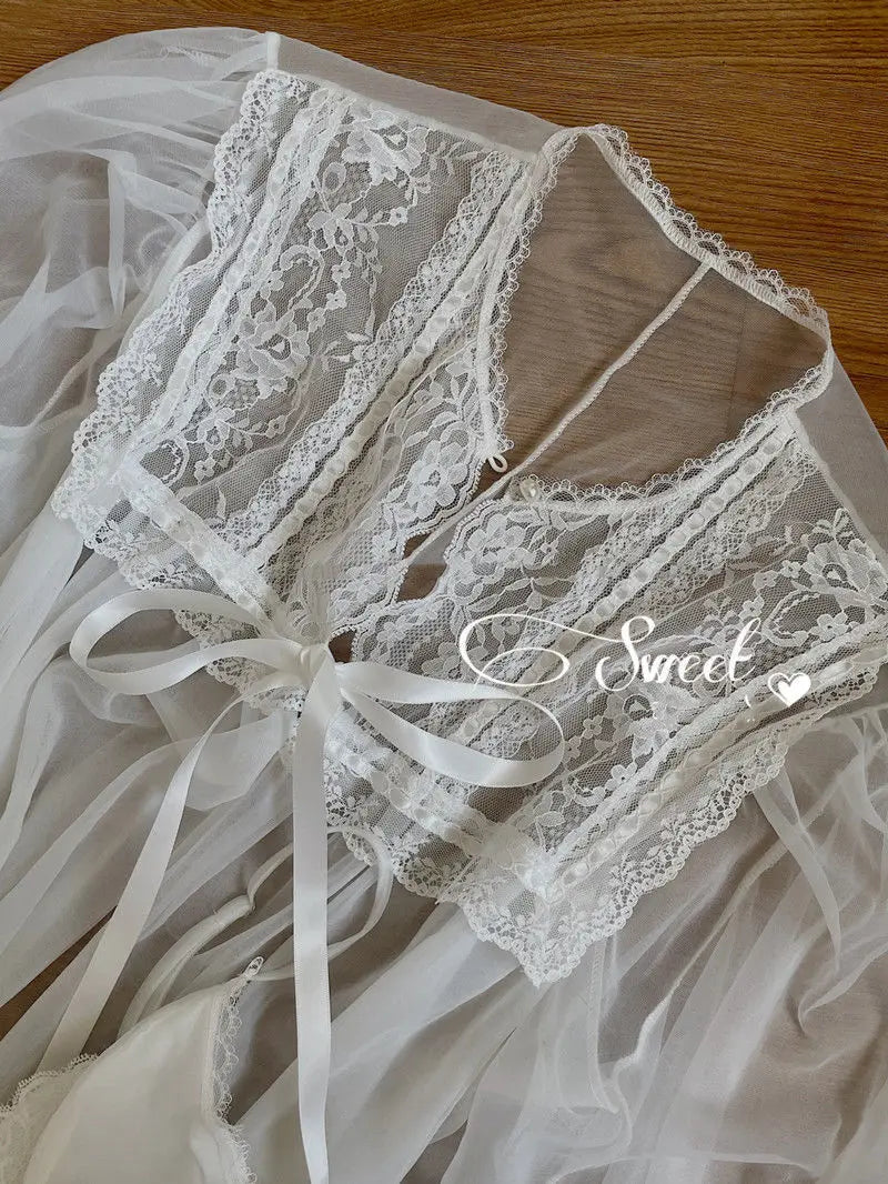 qgtao 2024 Autumn White Fairy Vintage Sweet Dress Women Mesh Lace Sexy Casual Korean Dress Female Patchwork Designer Princess Dresses