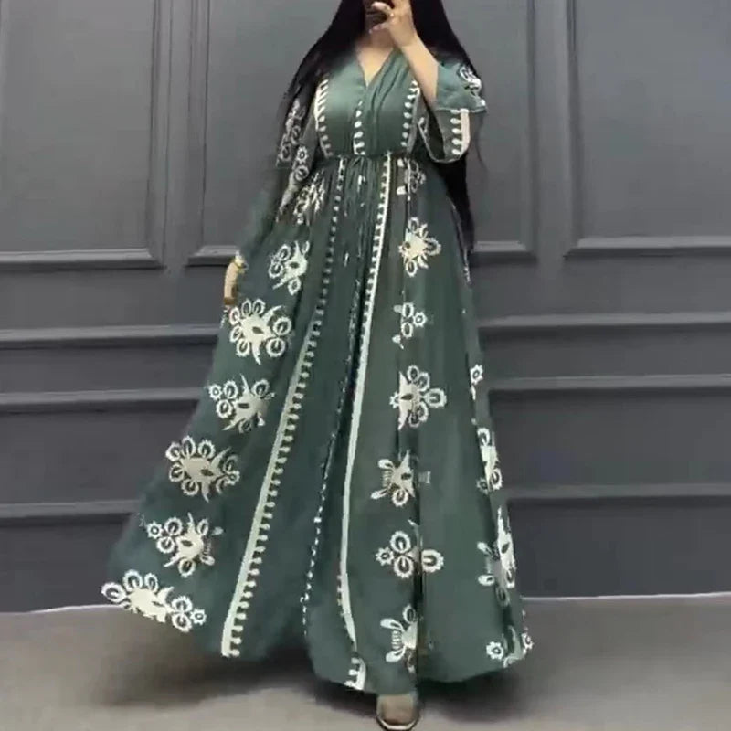 qgtao Ethnic Retro Print Loose Maxi Long Dress Women Spring Sexy V Neck Lace-up Robe Party Dress Autumn 3/4 Sleeve A-Line Boho Dresses