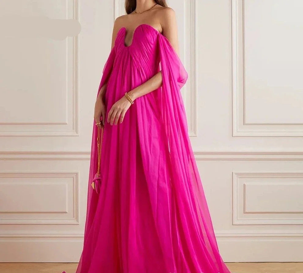 qgtao Rose Pink Off The Shoulder Chiffon A Line Long Evening Gown Cut Out Wedding Party Dress Simple Plus Size Prom Gown