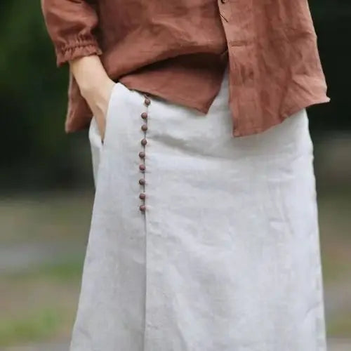 Women's Straight Skirt Spring Summer Cotton Linen A-line Skirt Female Solid Blue White Side Split Vintage Long Skirts Women