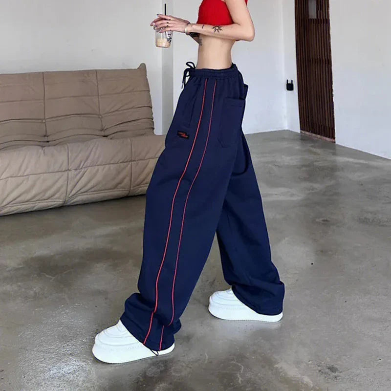 qgtao Vintage Baggy Jogging Striped Sweatpants Women Y2k Harajuku High Street Sport Pants Elastic Waist Straight Casual Trousers