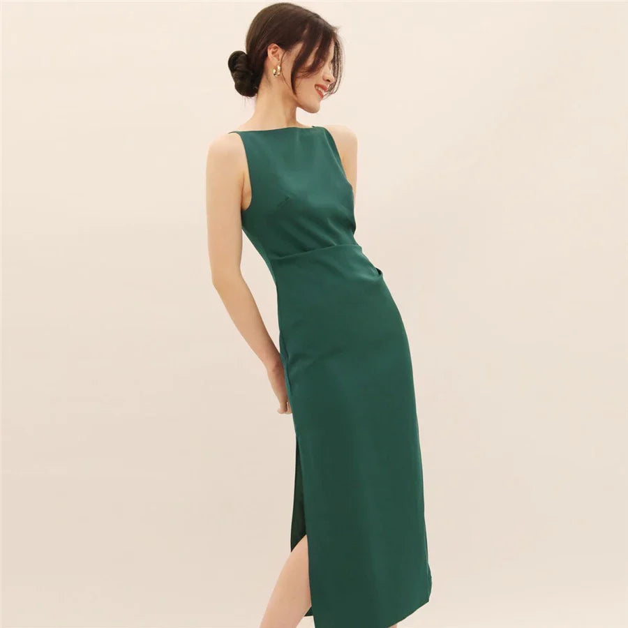 Hepburn Style Sexy Slim Split Party Dress Women French Elegant Y2k Summer Spaghetti Bodycon Dresses Korean Pleated Vestidos New