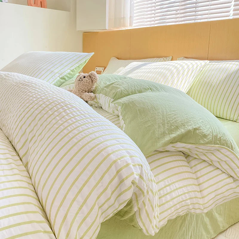 Yeknu Green Striped Duvet Cover Pillowcase and Solid Color Sheet INS Bedding Set Adult Girls Bedclothes Washed Cotton Bed Linens