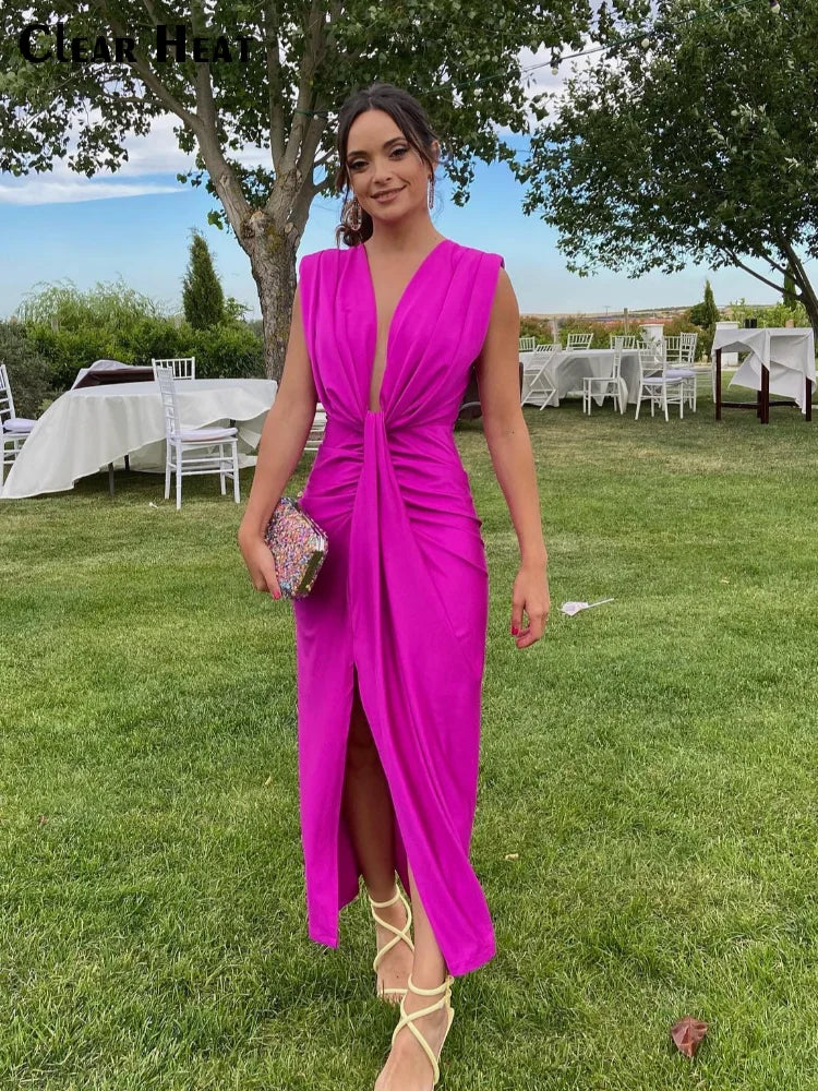 qgtao Sexy Solid Deep V Neck Hollow Out Maxi Dress Elegant Sleeveless Pleated Split Slim Dresses Summer Lady Evening Party Club Robes