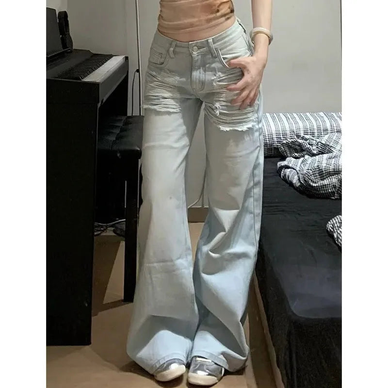 qgtao - Blue Womens Jeans High Waist Vintage Straight Summer Y2K Ripped Denim Pants Streetwear American Wide Leg Baggy Denim Trouser