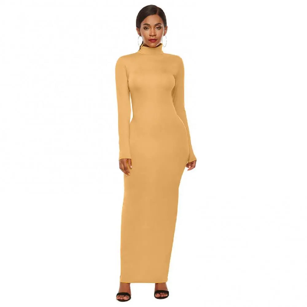 qgtao聽Women Long Dresses Plus Size Party Solid Color Women Long Sleeve Turtleneck Bodycon Dress Maxi Vestidos S-5XL