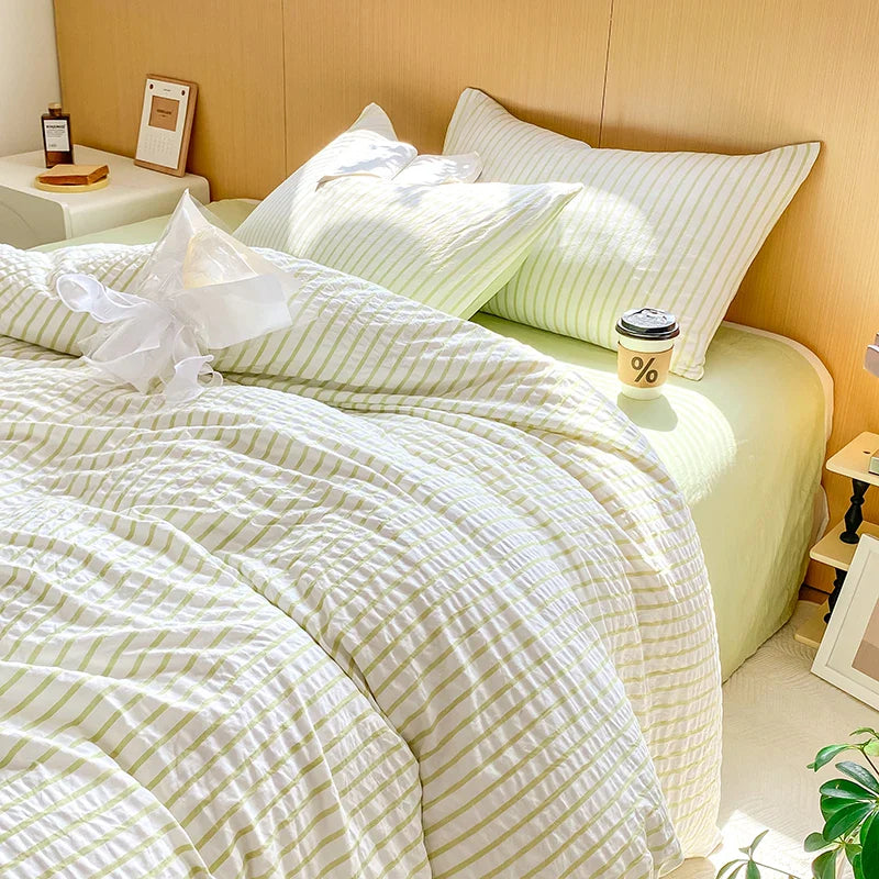 Yeknu Green Striped Duvet Cover Pillowcase and Solid Color Sheet INS Bedding Set Adult Girls Bedclothes Washed Cotton Bed Linens