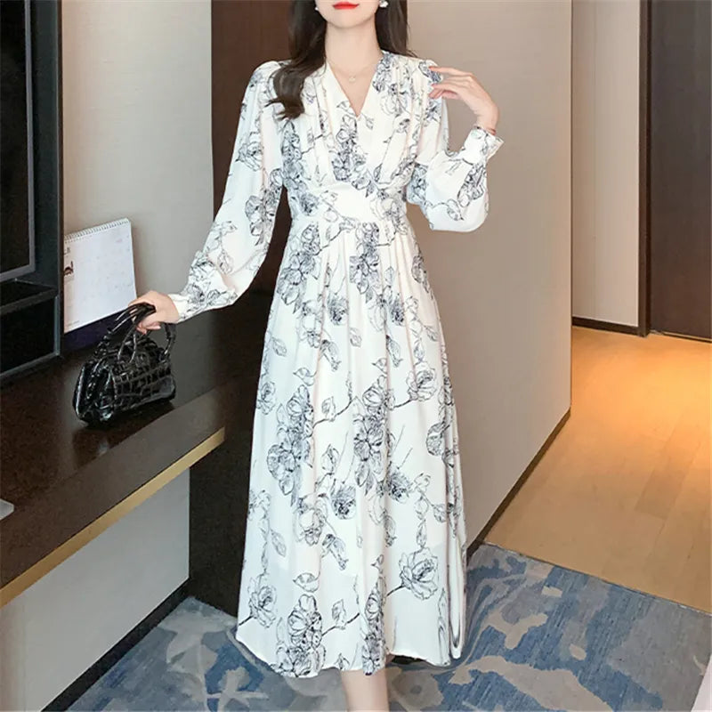qgtao-New Vintage Floral Dress for Women with Long Sleeves Office Lady V-neck Elegant Chic Ladies Slim Print Dresses Autumn Fashion