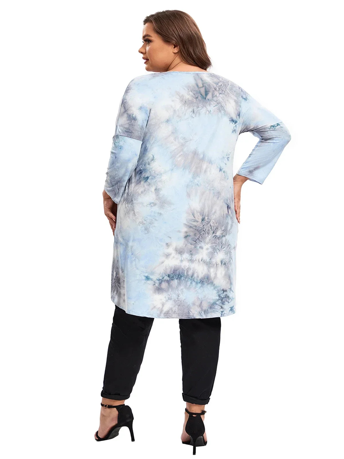 qgtao Plus Size Long Sleeve Elegant Tie Dye Tunic Tops Long Loose Autumn Hi Low Swing Blouse T-shirt Plus Size Clothing Women 6XL 7XL