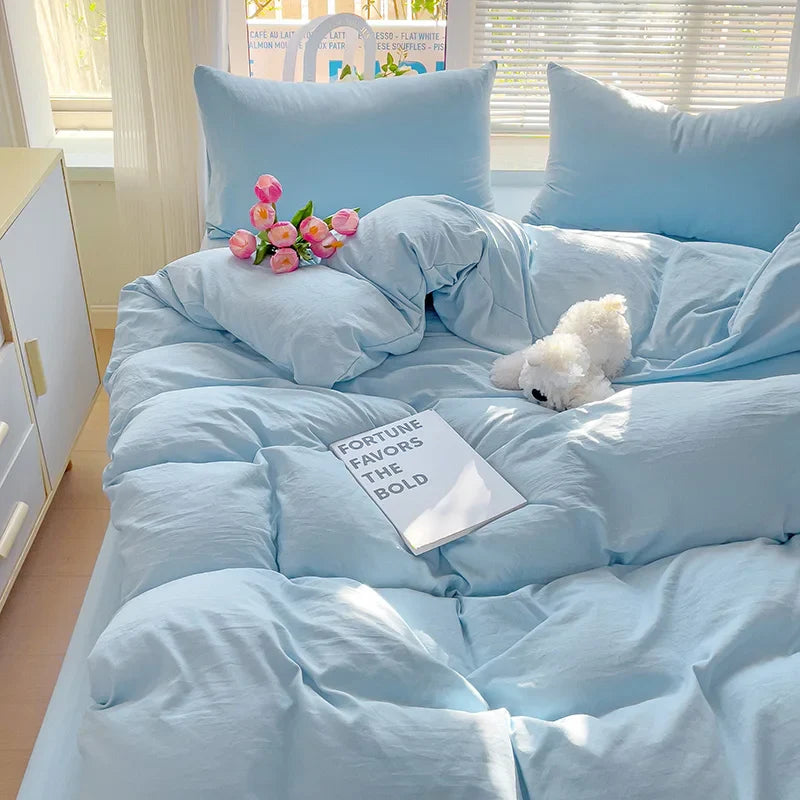 Yeknu Girls Blue Duvet Cover Set Twin Full Queen Size Soft Flat Sheet Pillowcase Bed Linen Princess Style Solid Color INS Bedding