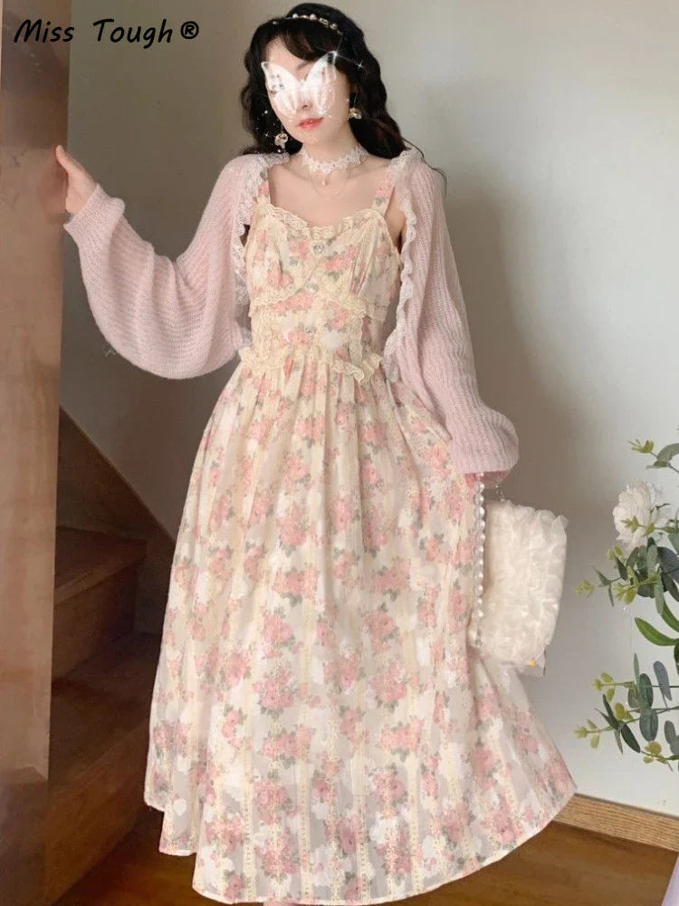 qgtao Elegant Floral Fairy Dress Women Strap Sexy Party Midi Dresses Casual Design Chic Printing High Waist Fashion Female Dress