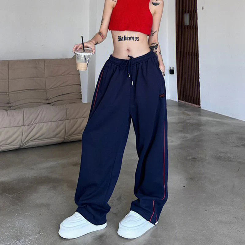 qgtao Vintage Baggy Jogging Striped Sweatpants Women Y2k Harajuku High Street Sport Pants Elastic Waist Straight Casual Trousers